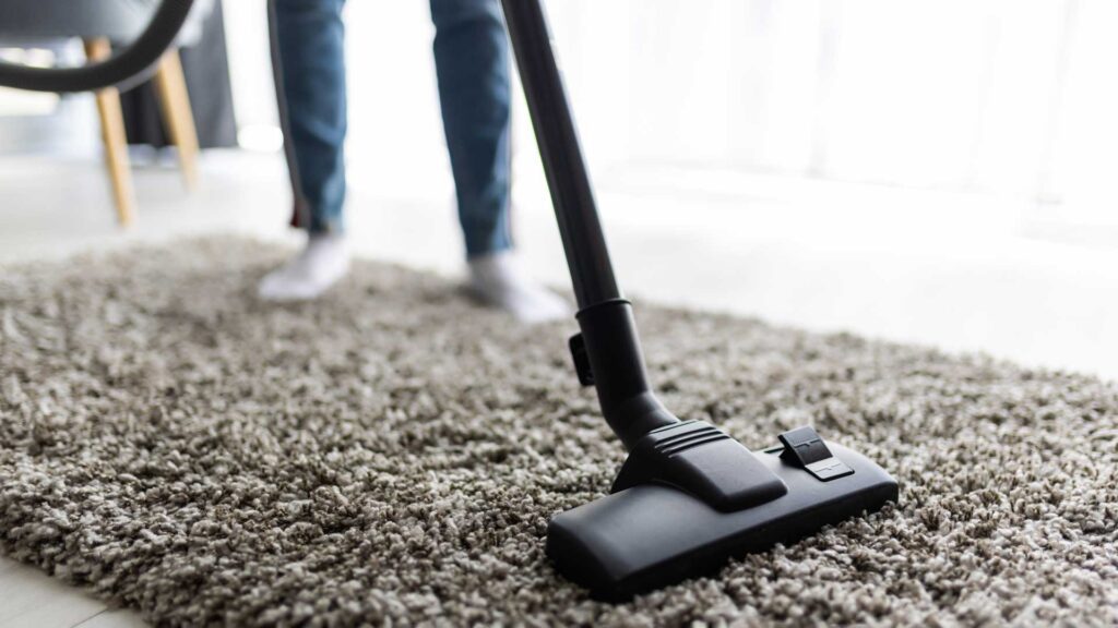 woman cleaning rug with vacuum cleaner.
