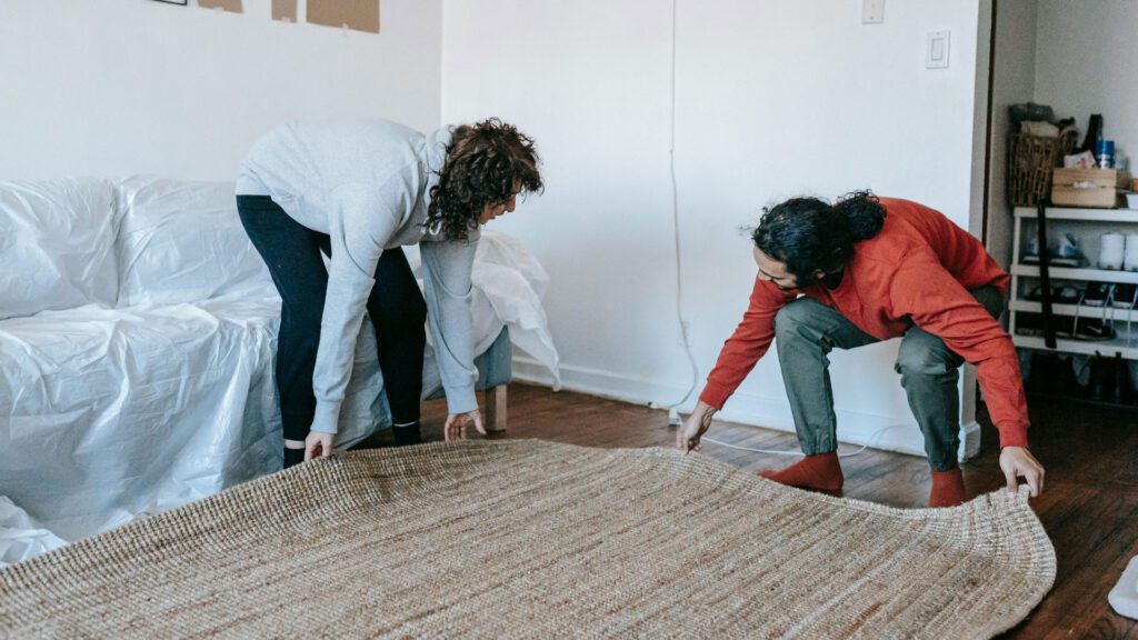 couple rotating wool rug