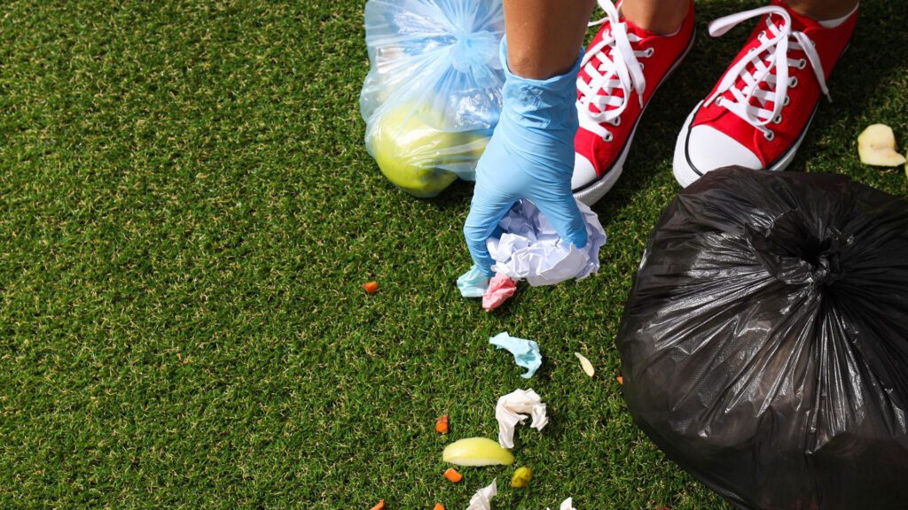 cleaning garbage from artificial turf